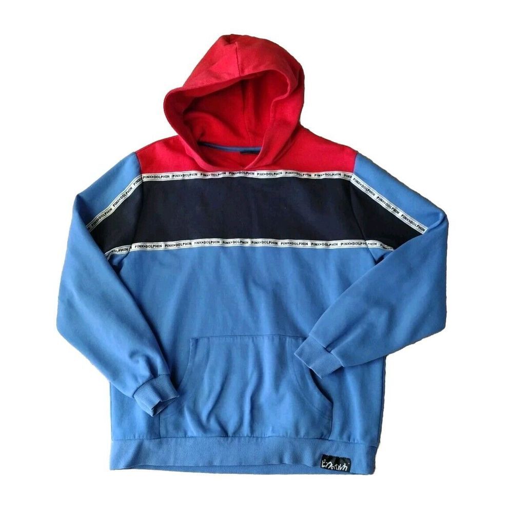 Pink Dolphin Sweatshirt Men‎ L Blue Red White Hooded Colorblock Long Sleeves